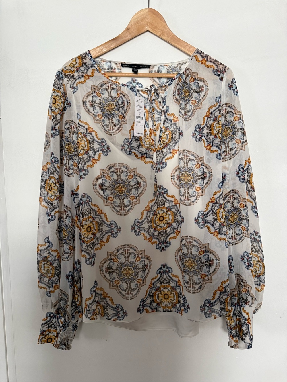 White House Black Market White Sheer Medallion-Print Blouse with Mustard & Blue